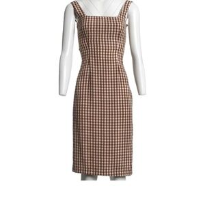 Rouje Elegant Scalloped Square Neck Gingham  Midi Dress, Size 36